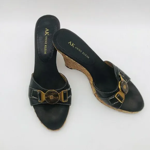 Anne Klein Wedge Sandal 7.5 Black Leather Straw Women AKHagan - Picture 2 of 15